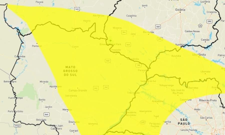 Inmet alerta para tempestade em Maracaju, Sidrolândia e mais 54 cidades de MS