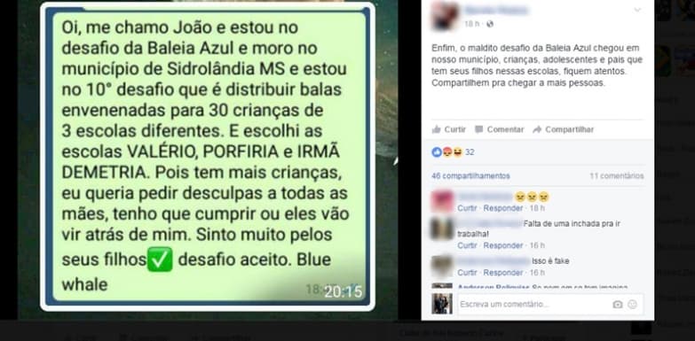 Mensagem diz que ‘Baleia Azul’ chegou à Sidrolândia e deixa escolas em alerta