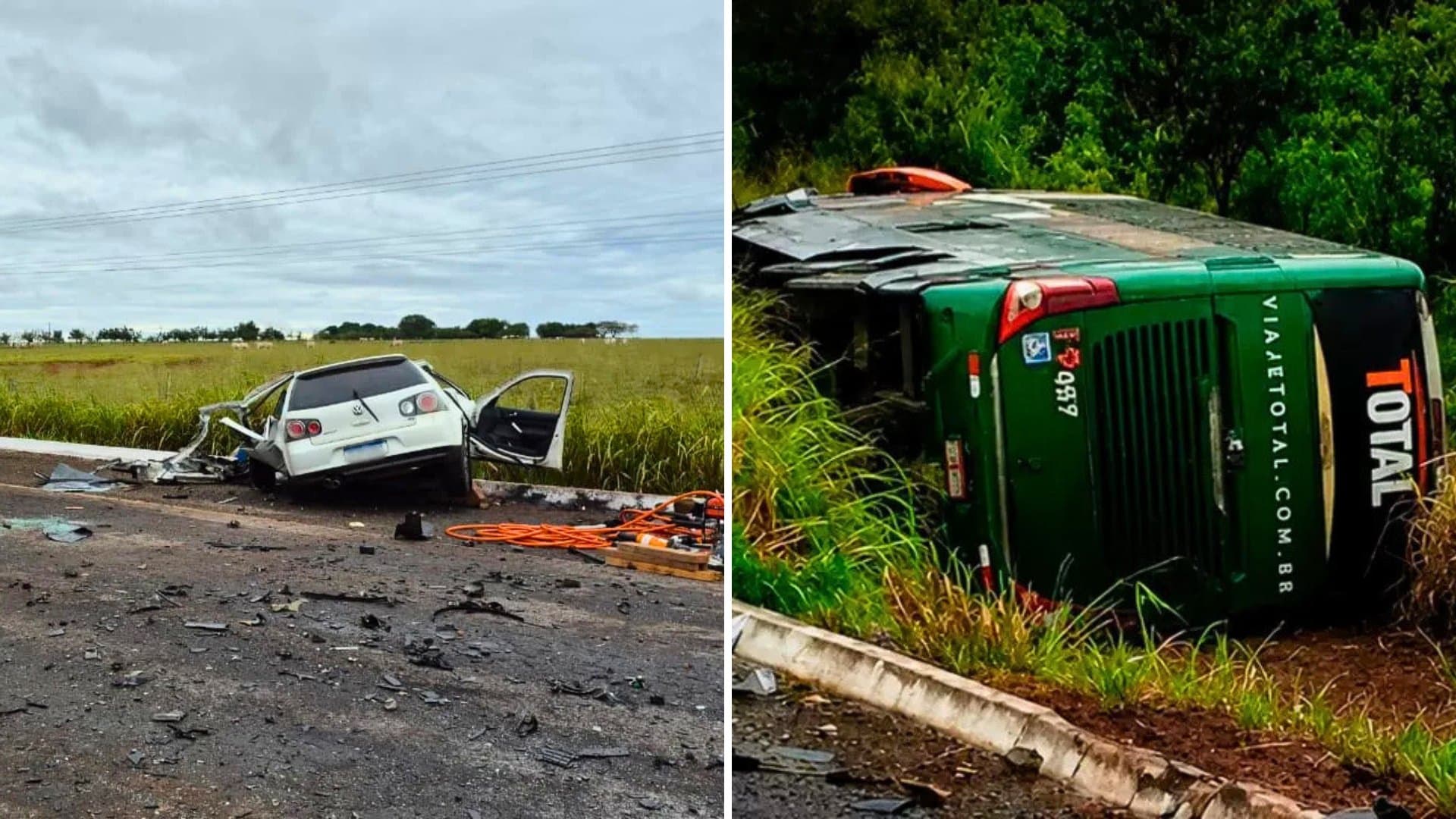 Grave acidente entre carro e ônibus deixa dois mortos e mais de 10 feridos na BR-060