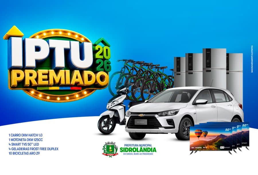 Prefeitura lança IPTU 2026 com descontos de até 20% e sorteio de carro, moto, geladeiras, TVs e bicicletas