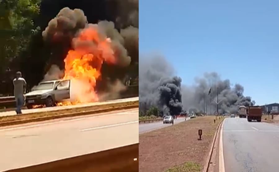 Carro pega fogo após motorista tentar passar por novo bloqueio em rodovia de MS