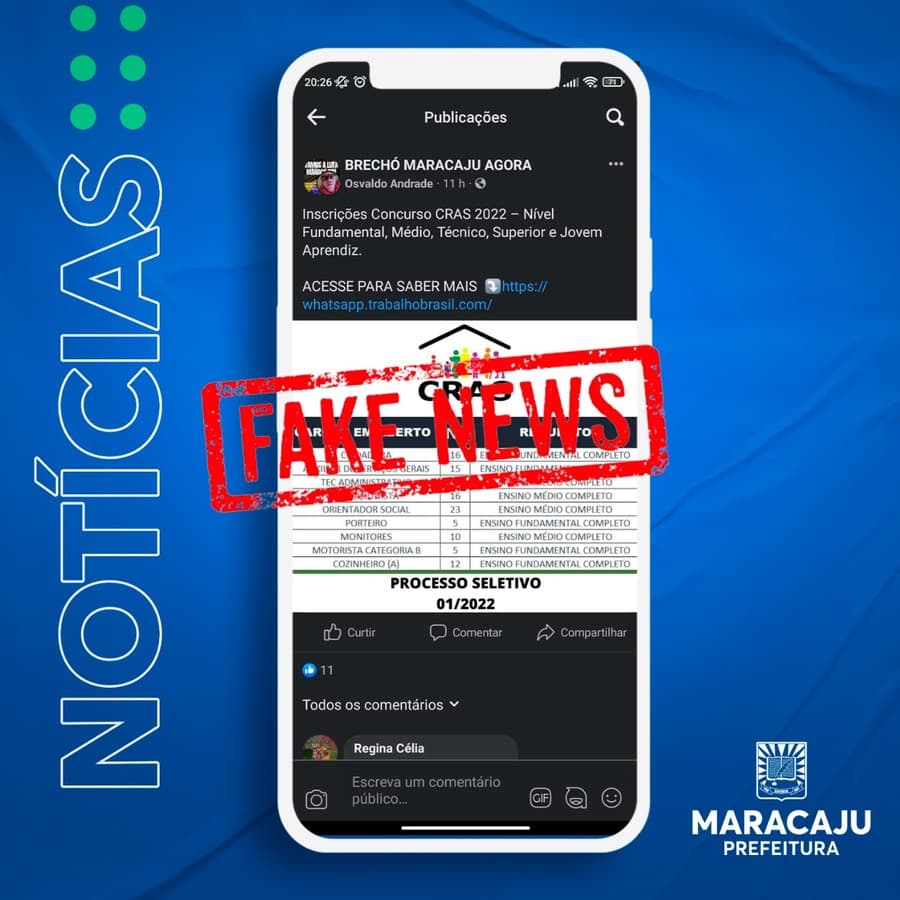 Prefeitura de Maracaju informa que suposto “Processo Seletivo” do CRAS é “Fake News”.