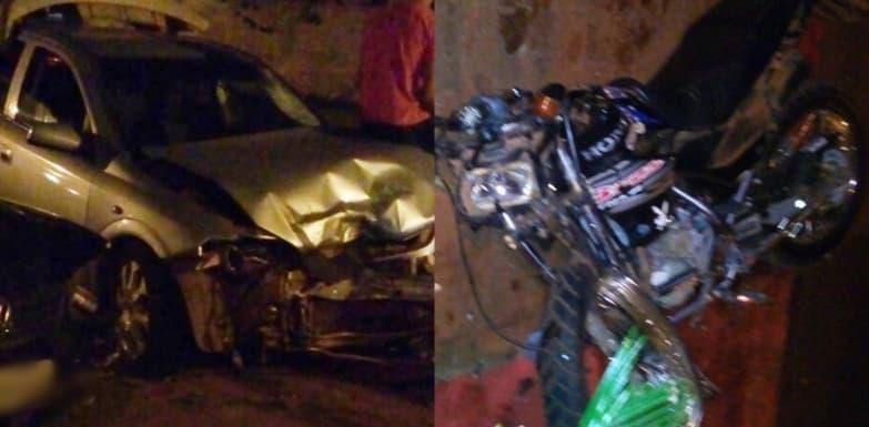 Três ficam feridos após colisão de carro e motocicleta em frente à casa noturna